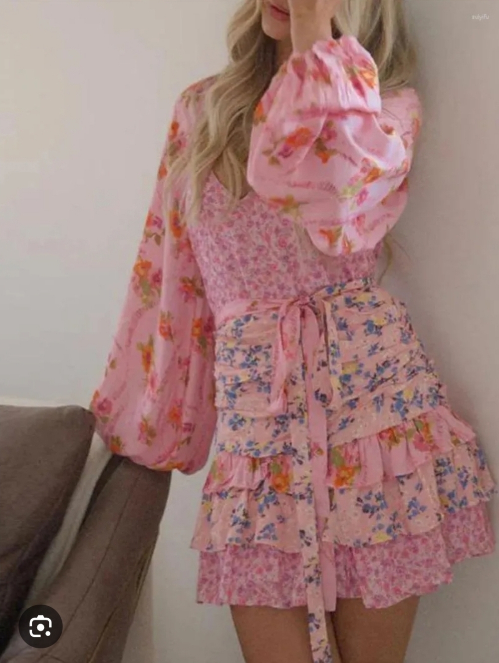 For Love Bell Pink Floral Tiered Mini Dress with Puff Sleeves - Women's Small - Picture 3 of 11